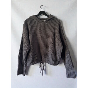 Lucky Brand Gray Textured Knit Hoodie Sweater L Drawstring Hem Winter Cozy